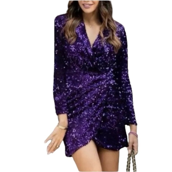 New ZARA Sequin Glitter Purple Ruched Blazer Mini Dress - Picture 3 of 7